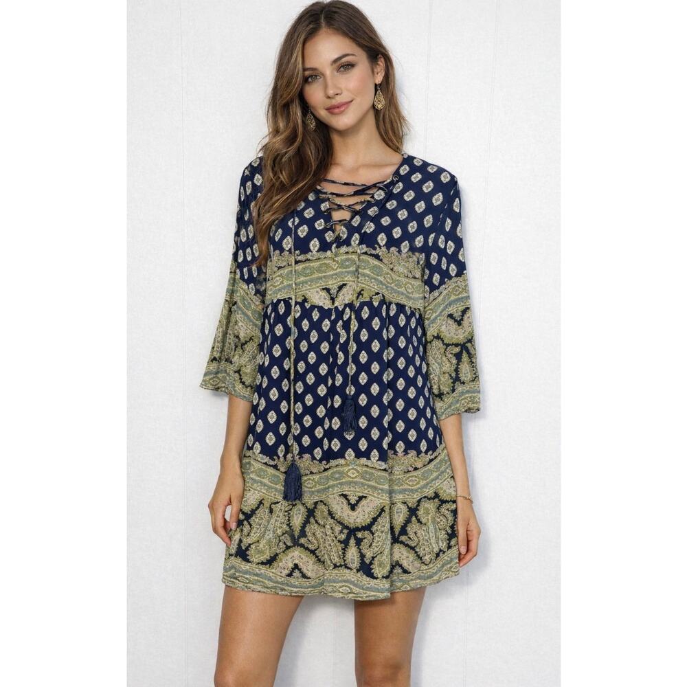 Joei and I Women's Dress/Swim Suit Cover Blue Paisley with Tie 3/4 Sleeve Large